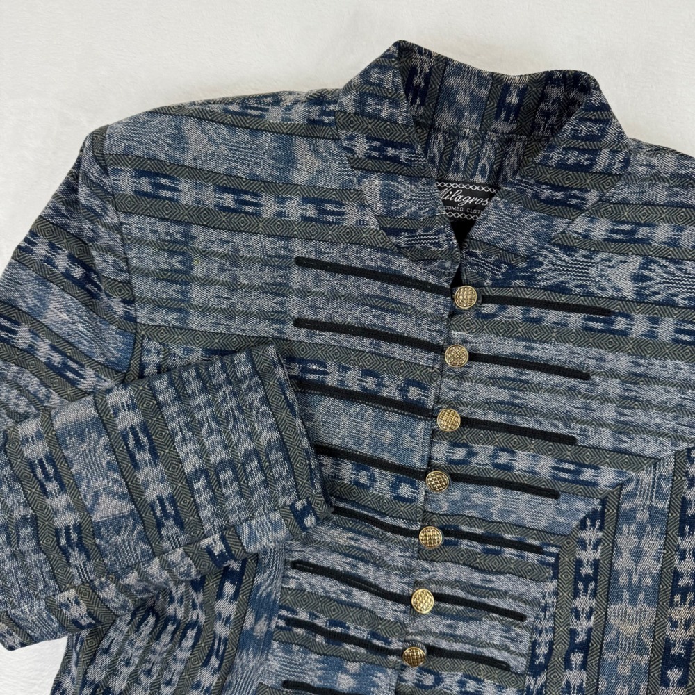 Milagros Hand Loomed Clothing Jacket Blue Geometric Pattern Mandarin‎ Collar L